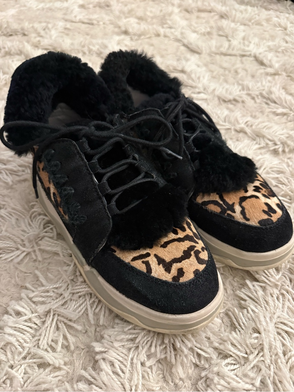 MOU Eskimo Lace Up Trainer Shoes Leopard Calf Hair Shearling UK 7-8 US 9-10